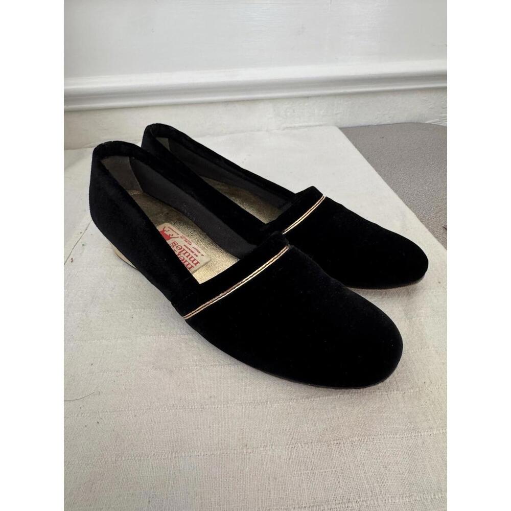 Merry Mules Black Velvet Gold Trim Vintage Wedge Slippers Sz. 7 N Stunning